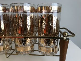 Mid Century Georges Briard set of 8 Gold Crown Glasses with Brass Rack / Caddy 7