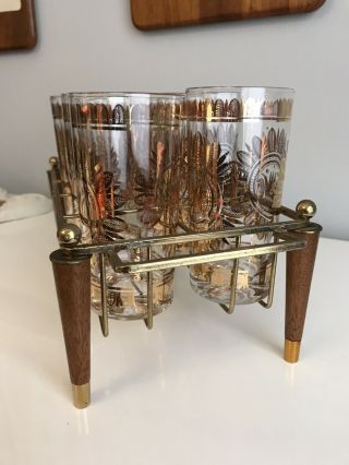Mid Century Georges Briard set of 8 Gold Crown Glasses with Brass Rack / Caddy 8