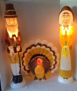 3 Union Don Featherstone Light Up Blow Mold Thanksgiving Pilgrims Turkey Decor