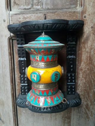 Tibetan Prayer Wheel Wall Hanging 10¨ Om,  Turquoise Amber - Hand Made Nepal