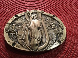Vintage Solid Brass Marlboro Belt Buckle with Wells Fargo Horse and Carriage 2