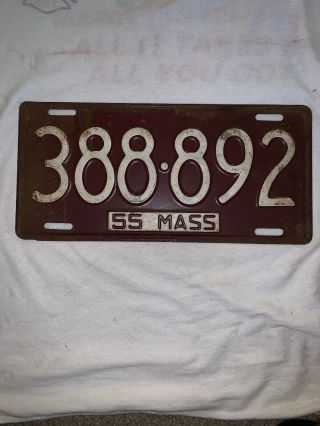 1955 Massachusetts Ma Mass License Plate 388 892