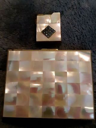Vintage Mother Of Pearl Gold Tone Ladies Cigarette Case W/lighter,  Compact