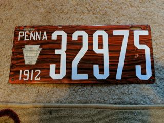 Rare 1912 Pennsylvania Porclain License Plate Wood Grain Near