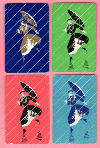 4 Single Swap Playing Cards Cute Girl Running In Rain Umbrella Lady Deco Vintage