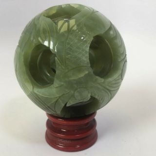 Hand Carved 8 Layers Green Jade Puzzle Sphere Ball W/ Stand