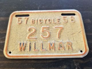 Minnesota Bicycle License Plate 1957 - 58 Willmar,  Mn.  Vintage