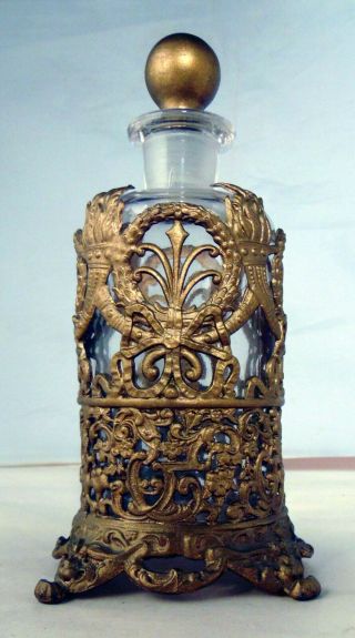 Apollo Vintage Vanity Brass Filigree Perfume Glass Bottle Torches Wreaths & Bows
