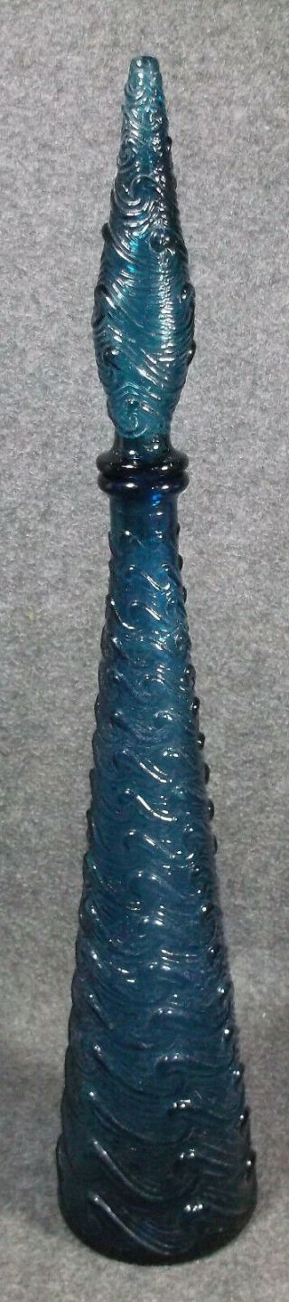 Empoli Mid Century Modern Cobalt Blue Ribbed Genie Bottle Decanter 22 Inch Tall