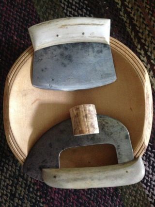 Handmade In Alaska Ulu Chopping Bowl And Ulu Knives.  Artisan Crafted.