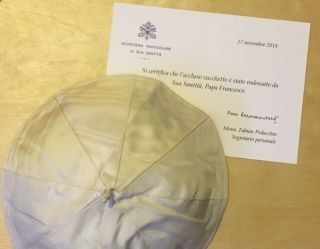 Pope Francis Worn Gammarelli Zucchetto With Signed Card Of Authenticity