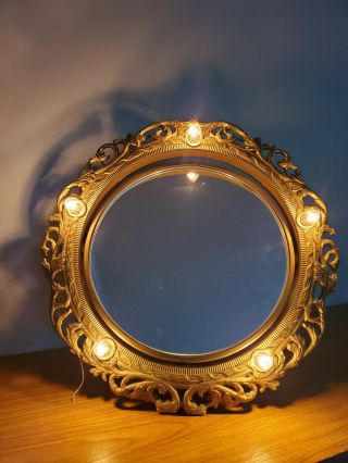 Vintage Table Top Vanity Lighted Mirror Make Up Gold Hollywood Regency Antique