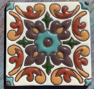 70 Talavera Mexican Pottery Tile 4 " X 4 " Hi Relief Catalina Malibu Green Floral