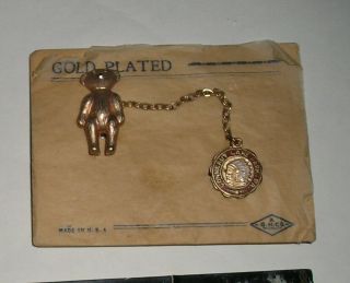 Vtg Bear Indian Head Conneaut Lake Park Pa 2 Pins Attached W Chain Gold Plated