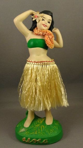 Vintage Hawaiian Hula Bobble Nodder Aloha Girl Doll Figurine Japan Silk Skirt