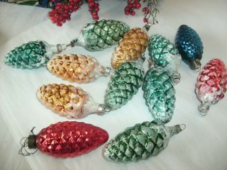 12 Vintage Glass Pine Cone Christmas Ornaments,  3 "