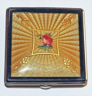 Vintage Silver Guilloche Enamel Compact Hand Painted Rose Flower Sun Ray Pattern