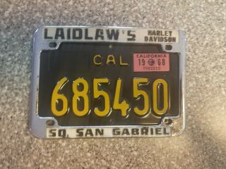 1963 Black California Motorcycle License Plate,  1968 Validation,  DMV Clear,  EX 2