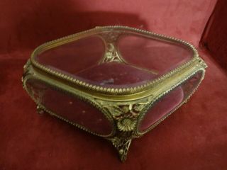 Vintage Gold Gilt Jewelry Diamond Shape Casket Box - Beveled Glass