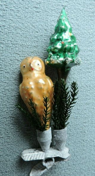 Antique German Glass Christmas Ornament - Owl Next To Christmas Tree - 1940s