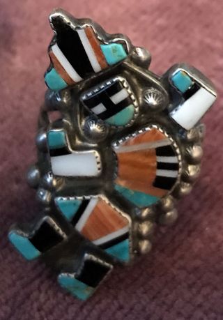 Best Fine Zuni Rainbow Man Gorgeous Mosaic Inlay Ring 1940s - 1950s Size 7.  5