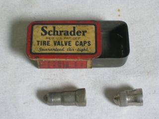 Vintage Schrader Tire Vale Caps Cap Stem W/ Small Metal Box Advertising Tins Tin