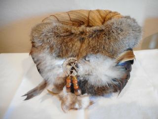 Native American Bark Basket W/fur,  Beads,  Feathers From Arizona