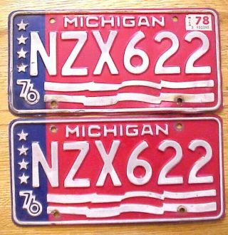 Michigan 1976 Bicentennial Us Flag License Plate Matching Set Nzx622 78 Sticker