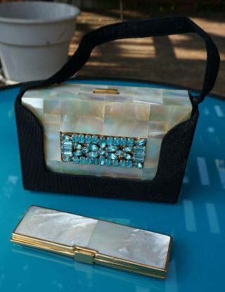 Elgin American Mother Of Pearl & Gold Tone W/blue Rhinestones Carryall And Comb