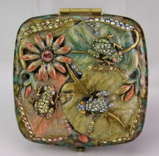 Jay Strongwater Enamel Swarovski Crystal Flower Frog Lily Pad Mirror Compact Acz