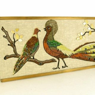 Mid Century Gravel Art Pheasants Vintage Kitsch Wall Decor Art