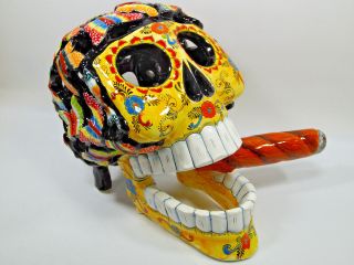 19 " Sugar Skull With Butterflies & Cuban Cigar,  Mexican Day Of The Dead Talavera