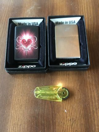 Vintage Retired Unstruck Zippo - Heart 28043 And Another That Says Red Satin Chr