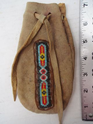 Old Vtg Native American Indian Suede Hand Beads Small Drawstring Coin Purse Sac