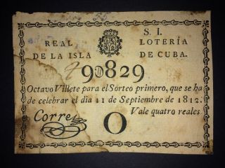 1812 Antilles Colonial Espana Real Loteria Ticket Royal Lottery Isla De Cuba