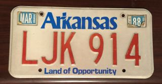 Arkansas License Plate Ljk 914 Expired 1988 Land Of Opportunity