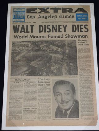 Walt Disney Los Angeles Times December 16,  1966 Extra Newspaper Headline & Photo