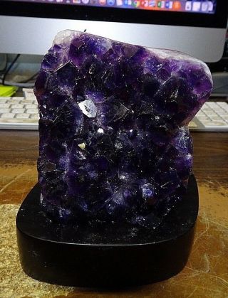 Lg.  Amethyst Crystal Cluster Cathedral Geode Brazil Wood Stand