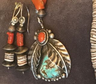 Santo Domingo Kewa 1970s Set Necklace Earrings Shell Coral Turquoise Sterling