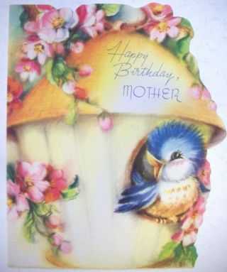 Embossed Blue Bird Bluebird Happy Birthday Mom Vintage Greeting Card 3a