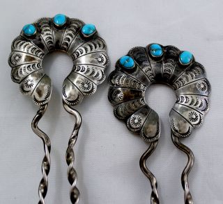 Navajo Pair Hair Ornament Combs Natural Turquoise Hand Stamped Mid - Cent