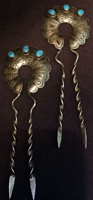 Navajo Pair Hair Ornament Combs Natural Turquoise Hand Stamped mid - Cent 2