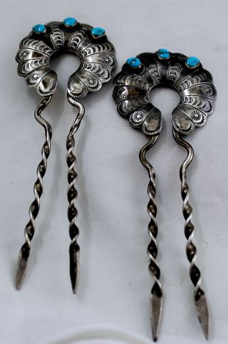 Navajo Pair Hair Ornament Combs Natural Turquoise Hand Stamped mid - Cent 5