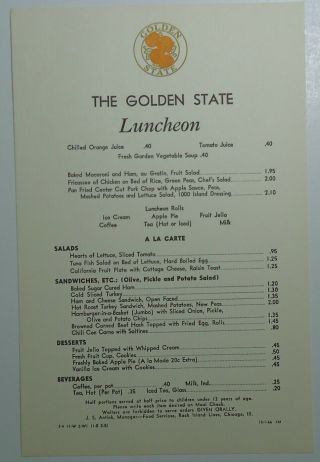 Rock Island Railroad 1966 Card Menu - Golden State
