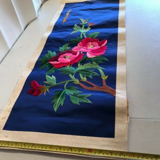 VINTAGE Chinese Embroidered Blue Silk Tapestry Panel Tree Flowers 37 