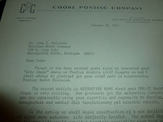 Various Correspondence - 1 Doc Says John Delorean Had " Hero Image " At Pontiac