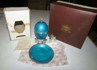 Vintage Evans Brass Pedestal Egg Aqua Blue Enamel Lighter & Ashtray Nos