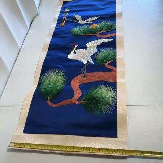 VINTAGE Chinese Embroidered Blue Silk Tapestry Panel Birds Trees 38 
