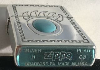 . 925 Heavy Silver - Plate 2003 Turquoise Bear Claw Emblem Zippo Lighter 20445 2