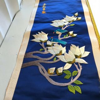 Vintage Chinese Embroidered Blue Silk Tapestry Panel Flower Birds 35.  5 " X 15 " 7